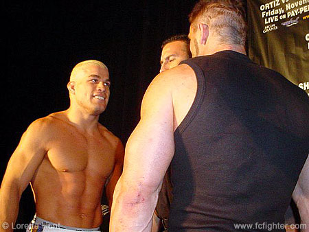 Tito Ortiz and Ken Shamrock staredown at weigh-in