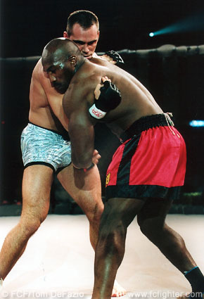 Rich Franklin (left) in a clinch with Marvin Eastman at WFA1